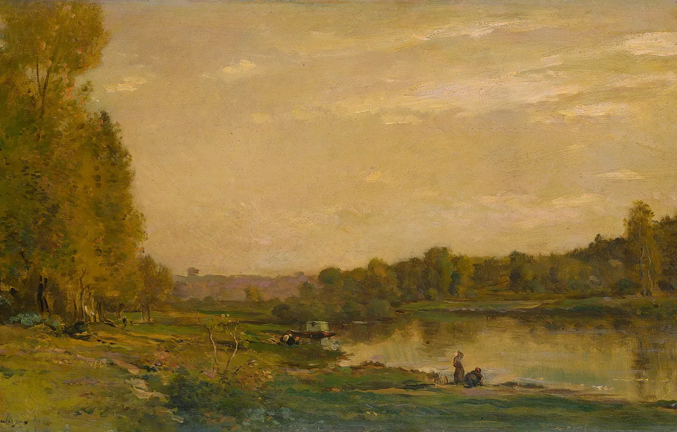 Фото обои масло, картина, 1872, Шарль-Франсуа Добиньи, Charles-François Daubigny, Пейзаж с рекой Уазой