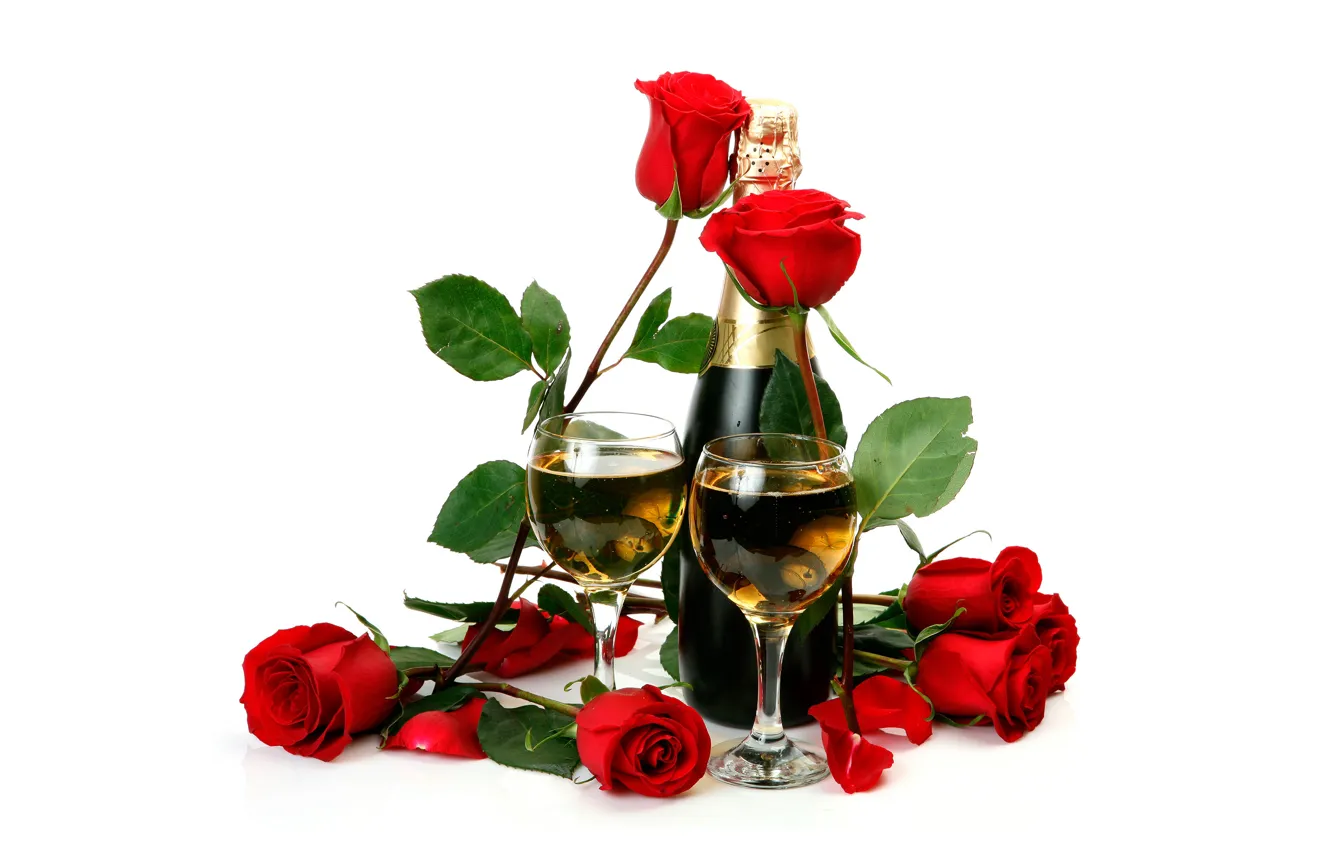 Фото обои цветы, бутылка, розы, бокалы, красные, белый фон, шампанское