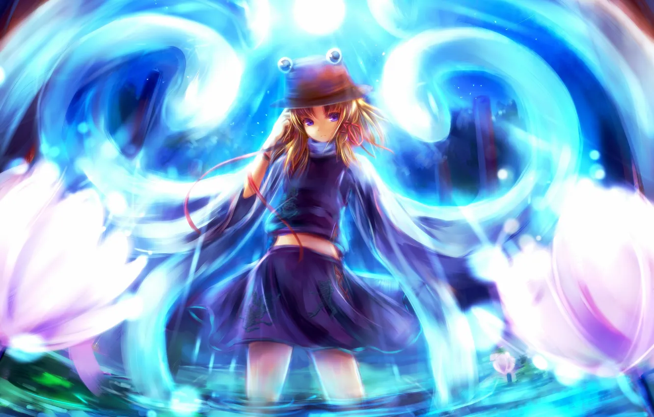 Фото обои взгляд, вода, девушка, цветы, магия, touhou, art, moriya suwako