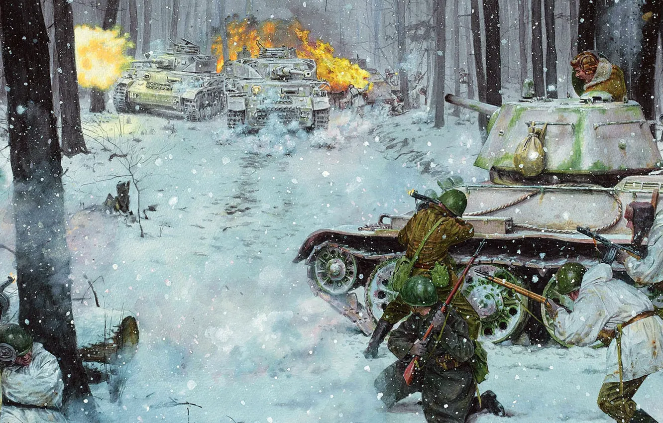 Фото обои Германия, бой, СССР, Т-34, Pz-IV, Battle of the Dnieper, Битва за Днепр