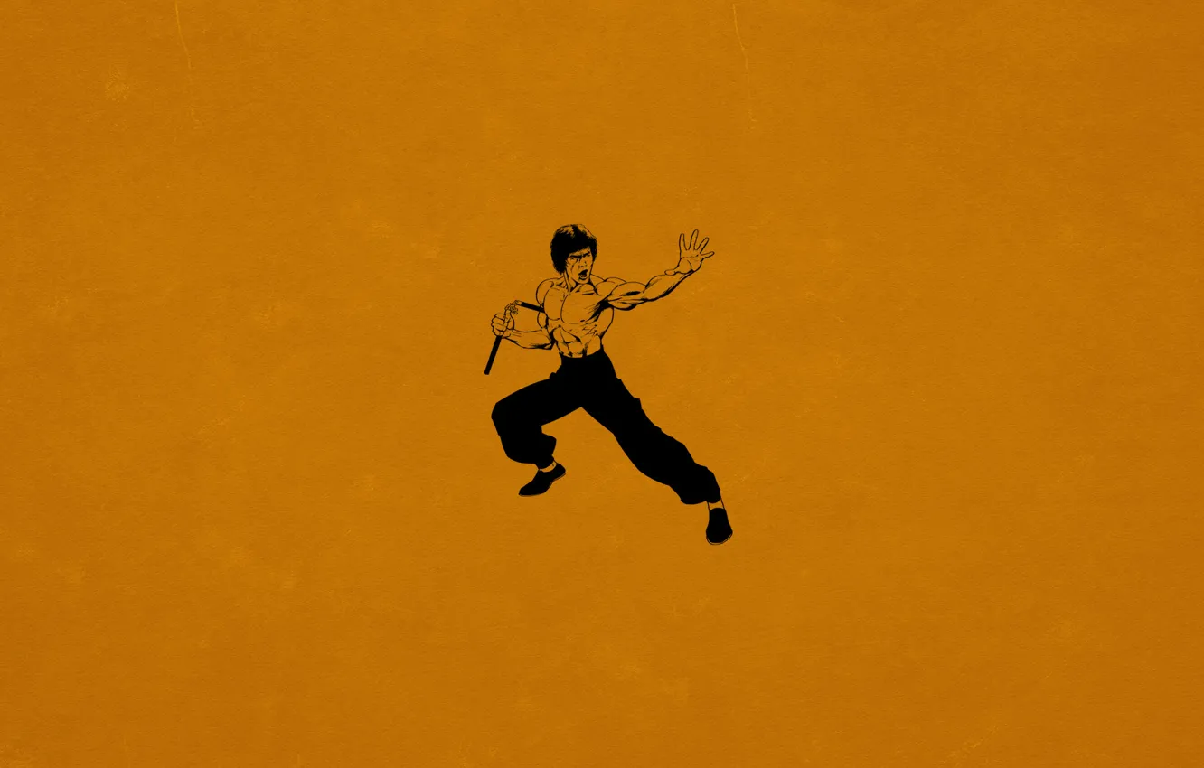 Фото обои минимализм, Bruce Lee, Брюс Ли, кунг-фу, темно оранжевый, Нунчаки
