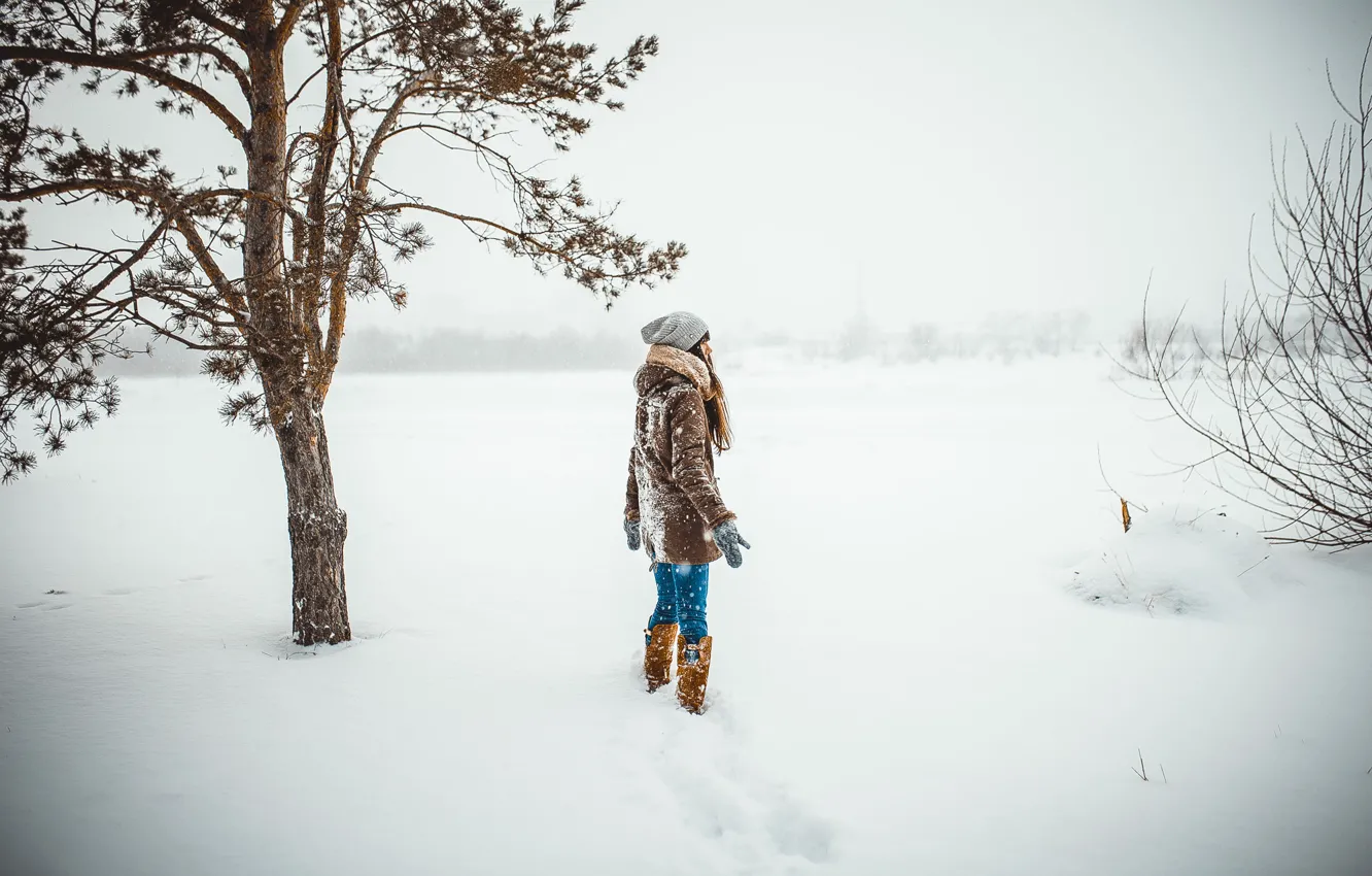 Фото обои холод, зима, девушка, снег