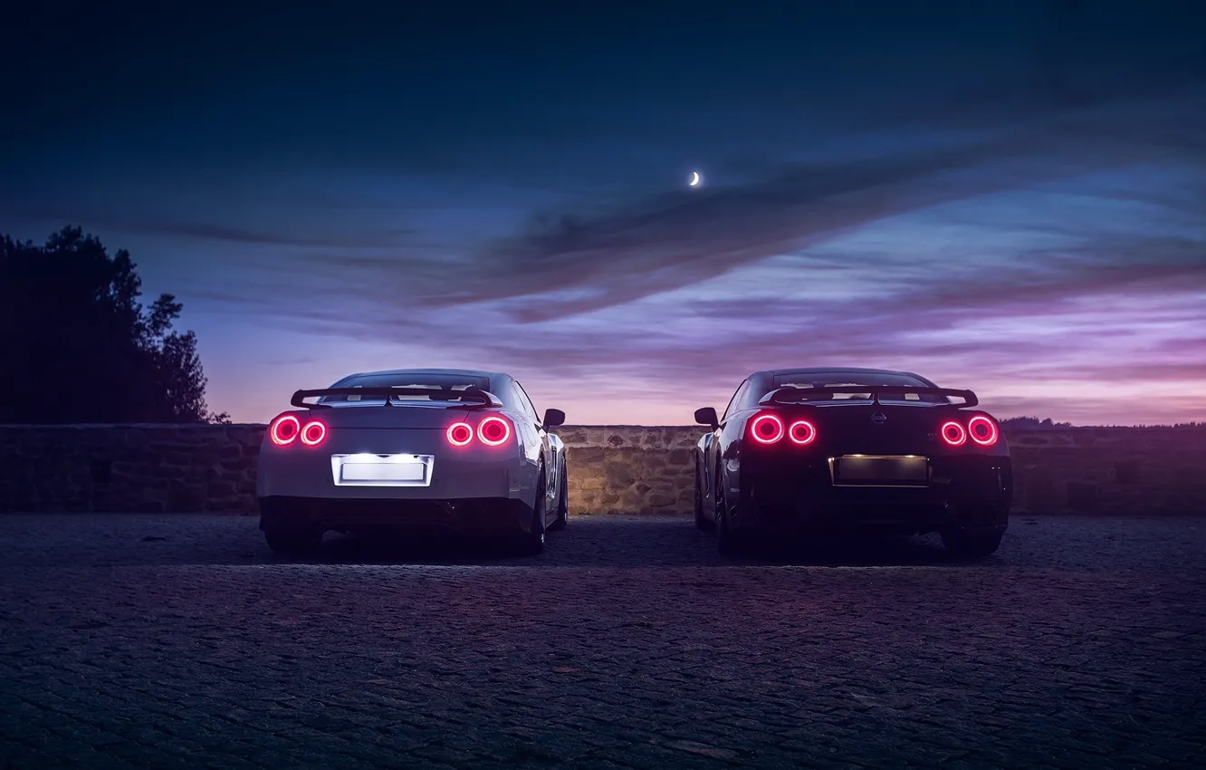 Фото обои GTR, Moon, Nissan, Sky, Black, Lights, White, R35