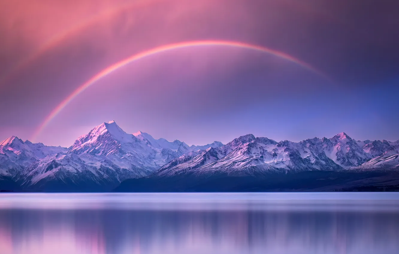 Фото обои Озеро, Радуга, Rainbow, Спокойствие, Range, Горный хребет, Снежная гора, Snow Mountain