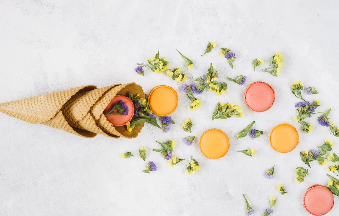 Фото обои цветы, печенье, flowers, декор, macaroons, вафельный рожок