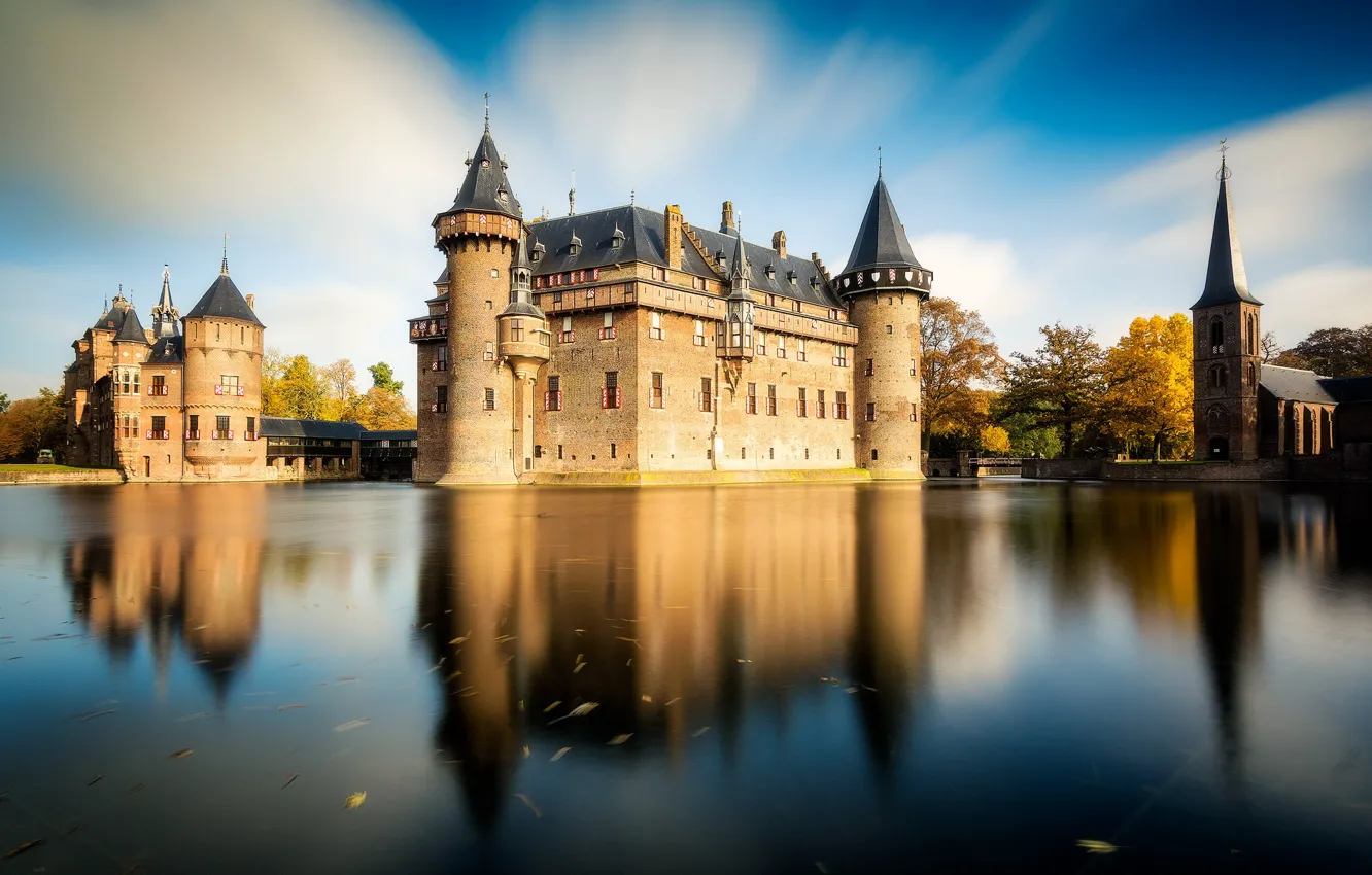 Фото обои озеро, пруд, отражение, башня, Нидерланды, замок Де Хаар