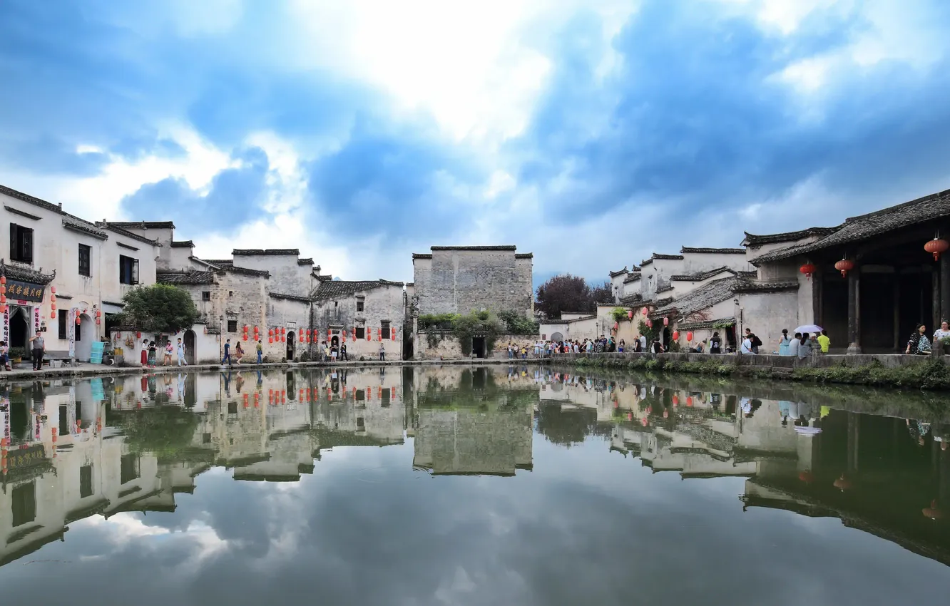 Фото обои blue sky, architecture, green water, China Hongcun