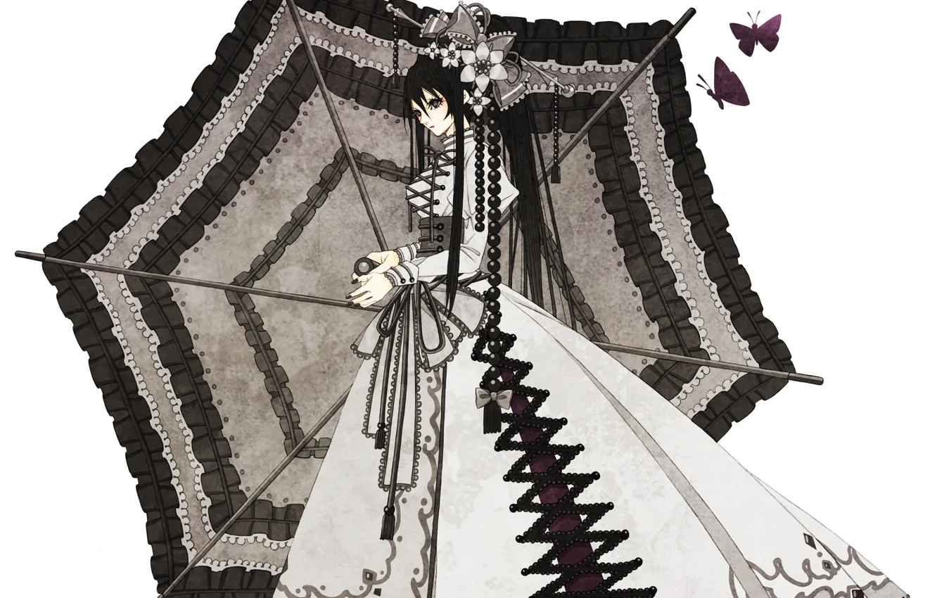 Фото обои бабочки, Девушка, зонт, бусы, пышное платье, заколки