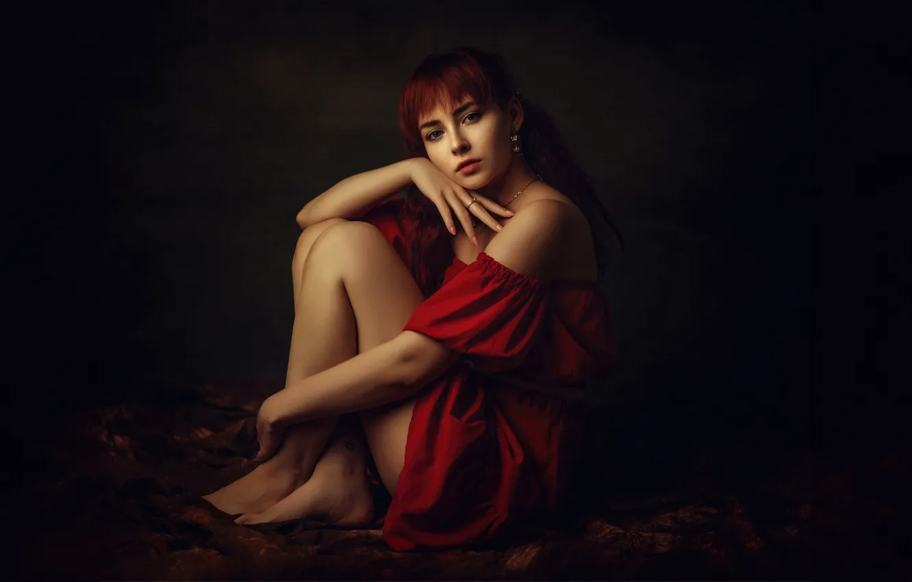Фото обои girl, sitting, red dress
