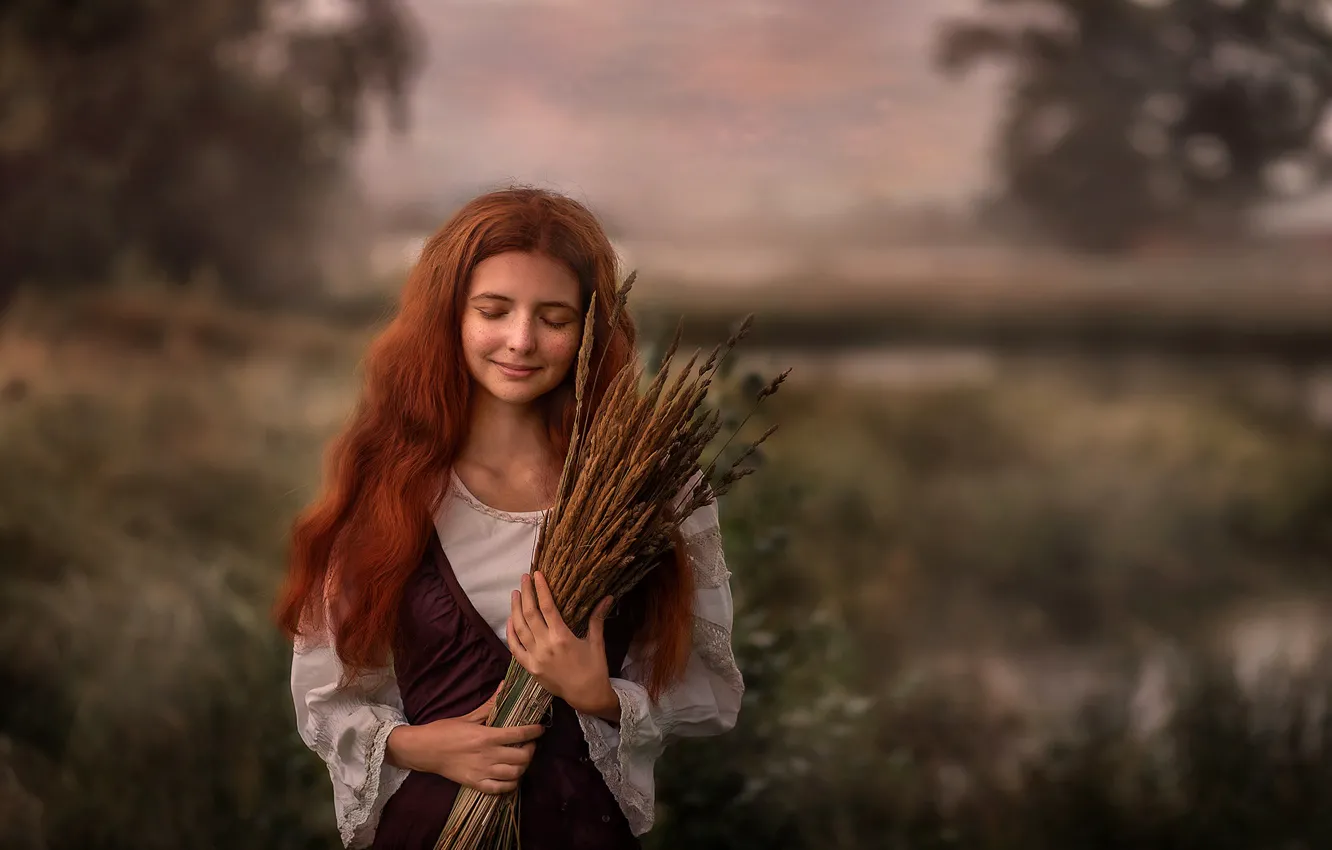 Фото обои лето, девушка, природа, веснушки, колосья, рыжая, Пипкина Оксана