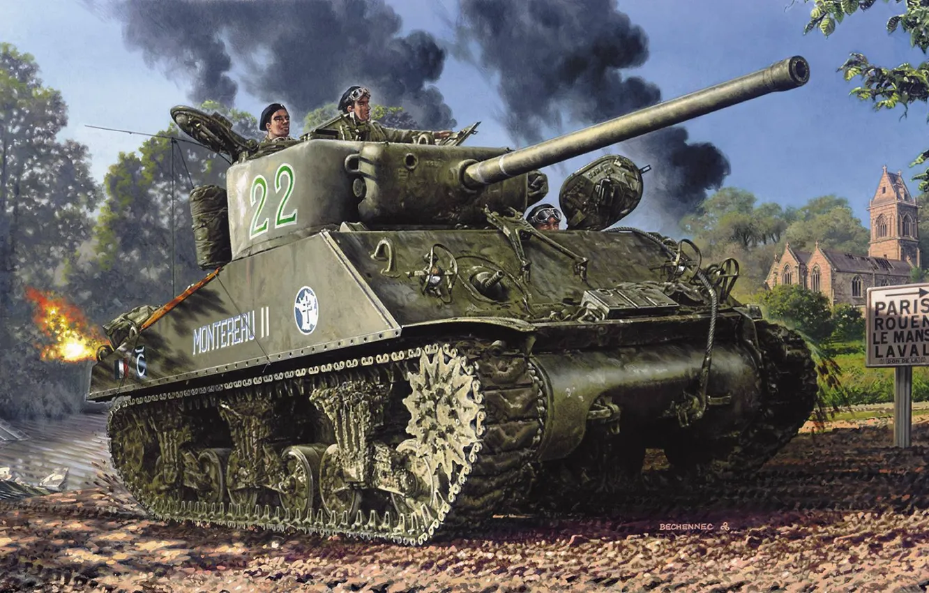 Фото обои Франция, танк, средний, Sherman M4A3(76)W, Daniel Bechennec