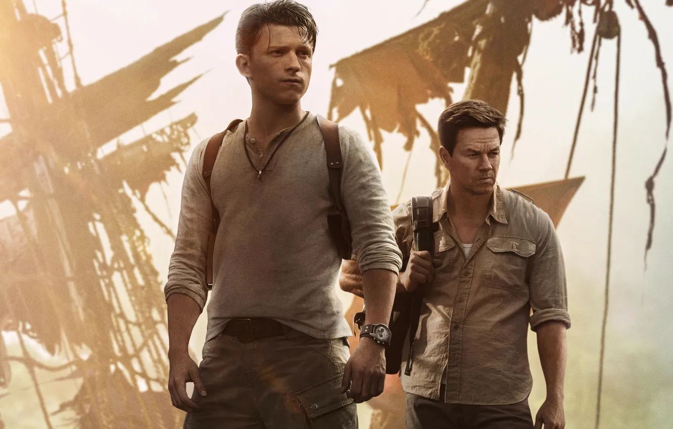 Фото обои кадр, актёры, приключения, боевик, Марк Уолберг, Mark Wahlberg, Uncharted, Tom Holland