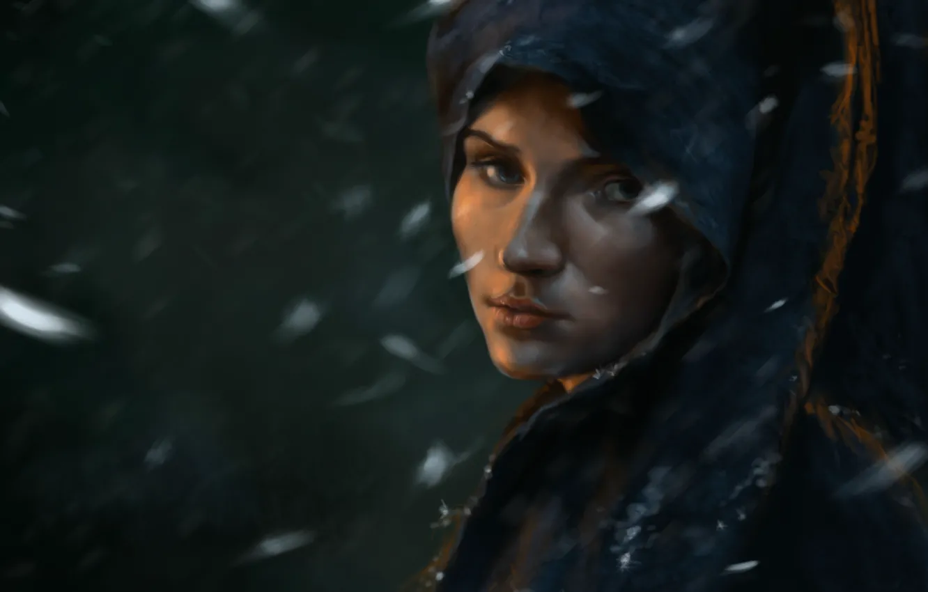 Фото обои девушка, снег, арт, плащ, накидка, Game of thrones, Sansa Stark, Алайна Стоун