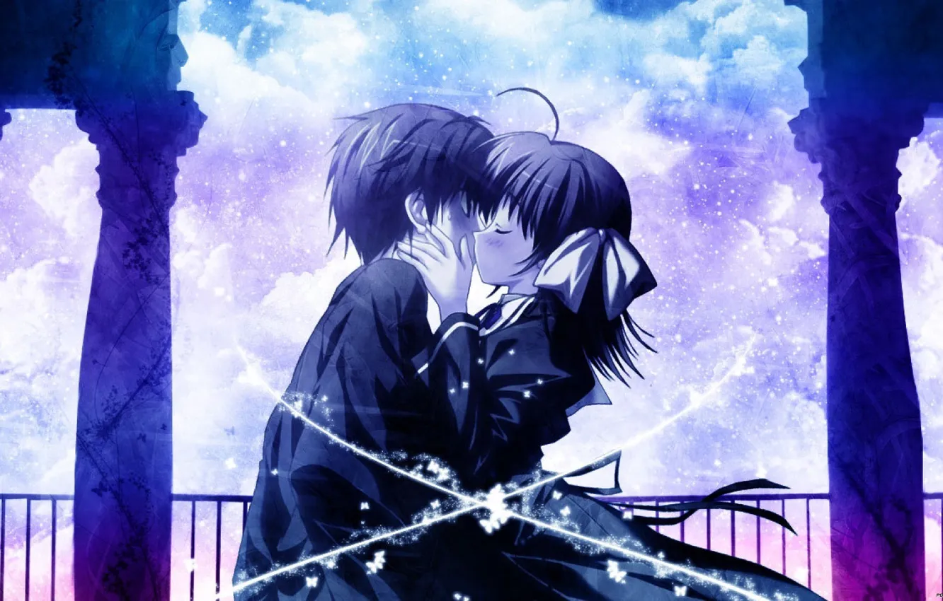 Фото обои girl, clouds, kiss, boy, blue background