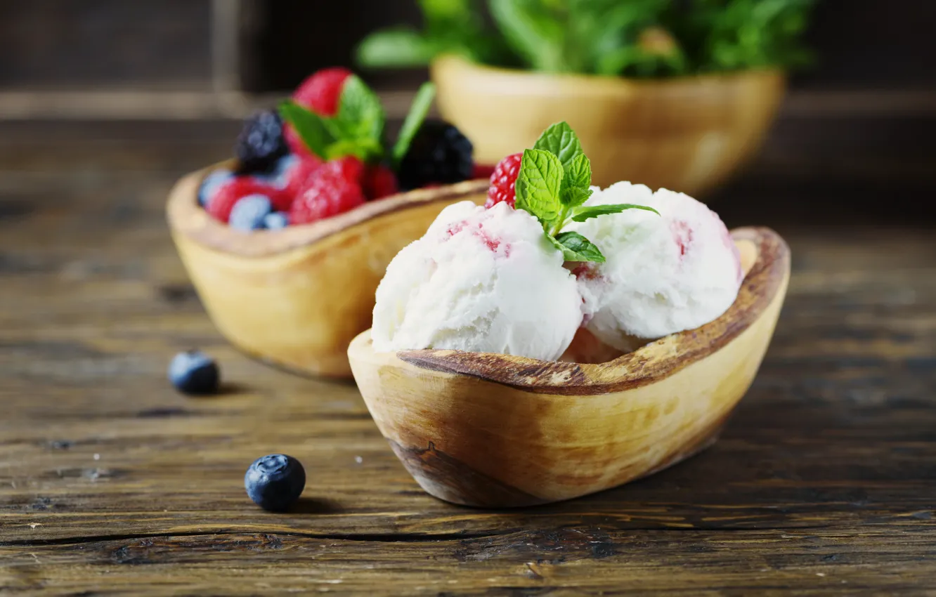 Фото обои ягоды, мороженое, мята, десерт, wood, Oxana Denezhkina