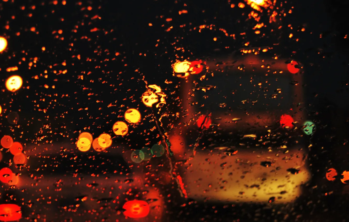 Фото обои дорога, стекло, вода, капли, город, огни, дождь, настроение