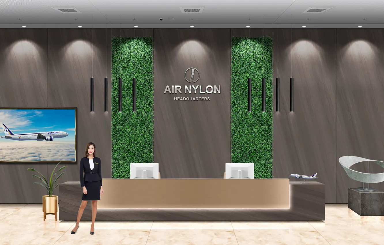 Фото обои airplane, lobby, reception, office lady, reception desk