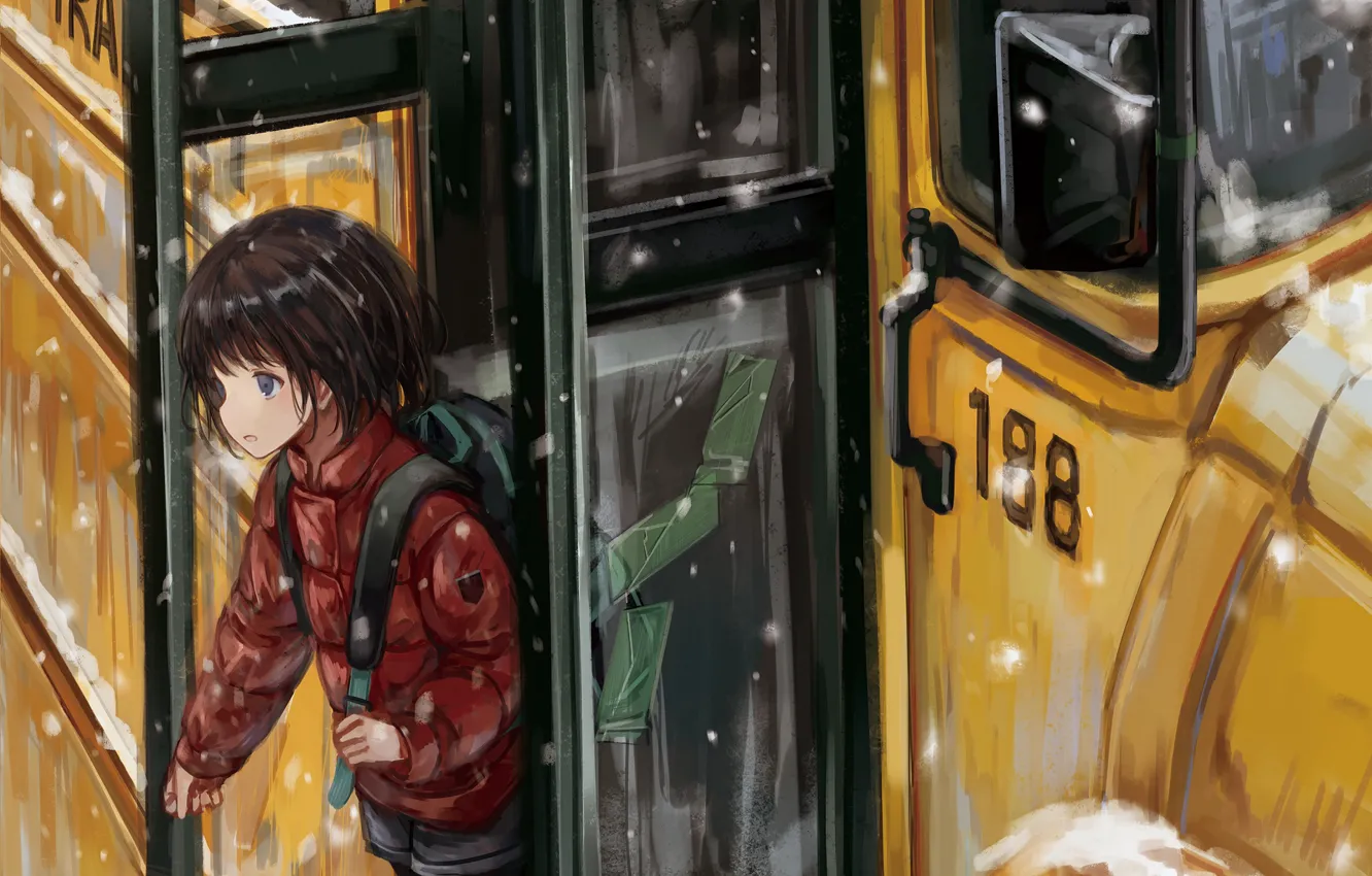 Фото обои арт, девочка, школьный автобус
