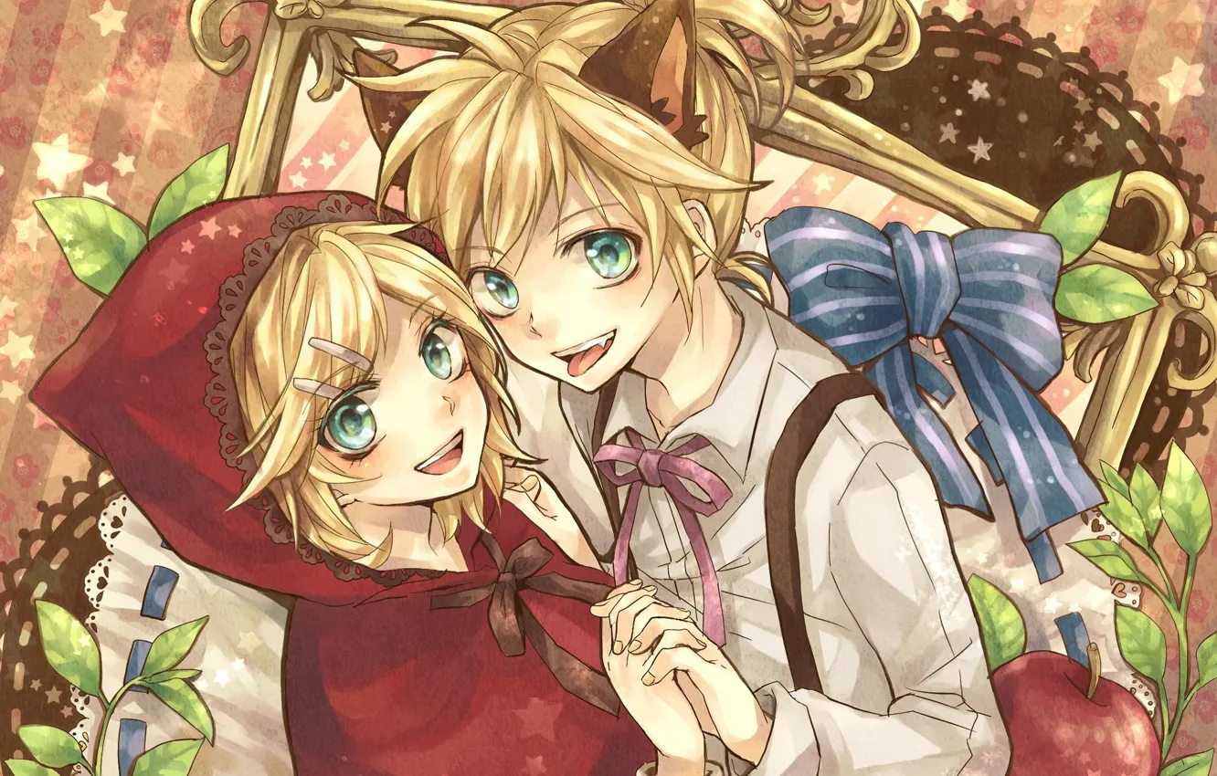 Фото обои рама, капюшон, голубые глаза, vocaloid, бант, Kagamine Rin, вокалоиды, Kagamine Len