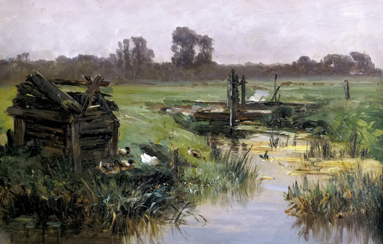 Фото обои трава, пейзаж, ручей, картина, Карлос де Хаэс, Луга Голландии
