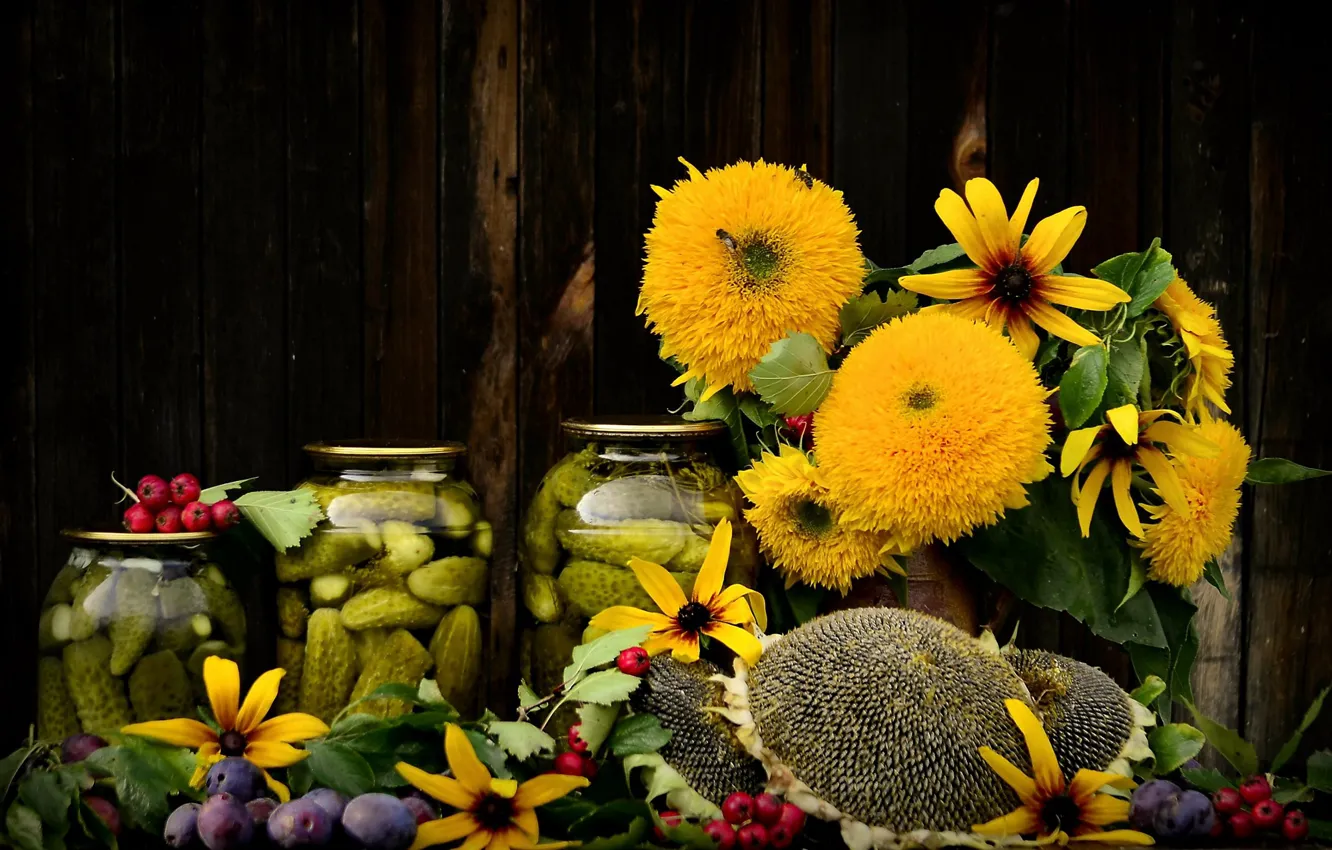 Фото обои осень, цветы, букет, натюрморт, сливы, подсолнечник, сентябрь, дача