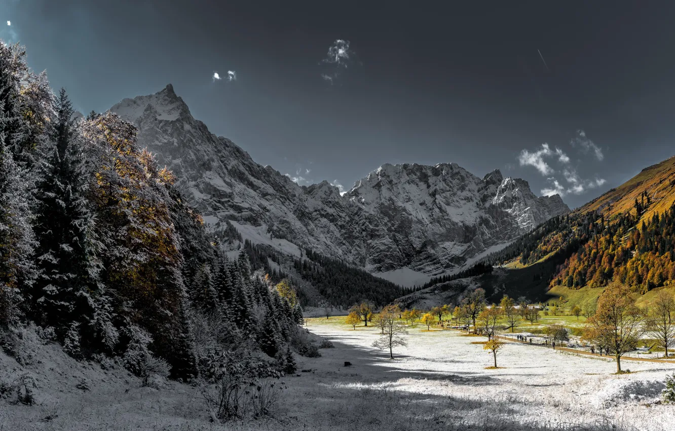 Фото обои зима, свет, снег, горы, природа