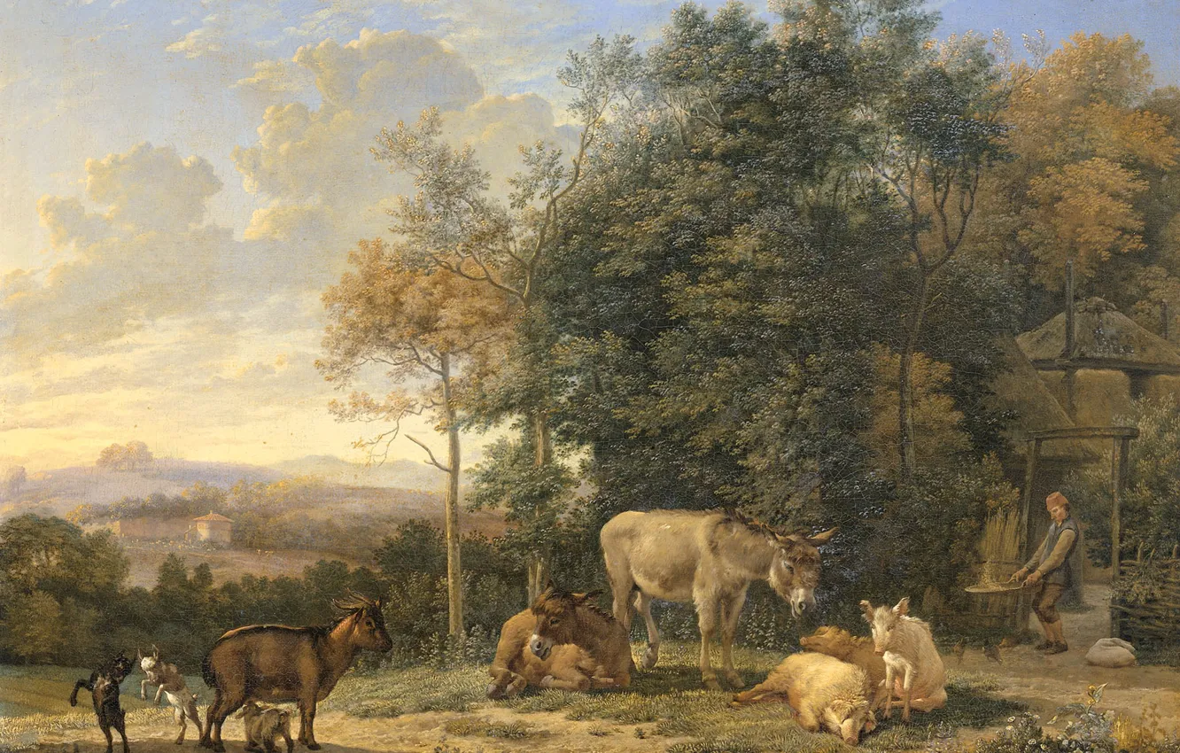 Фото обои животные, картина, Карел Дюжарден, Пейзаж с Двумя Ослами Козами и Свиньями