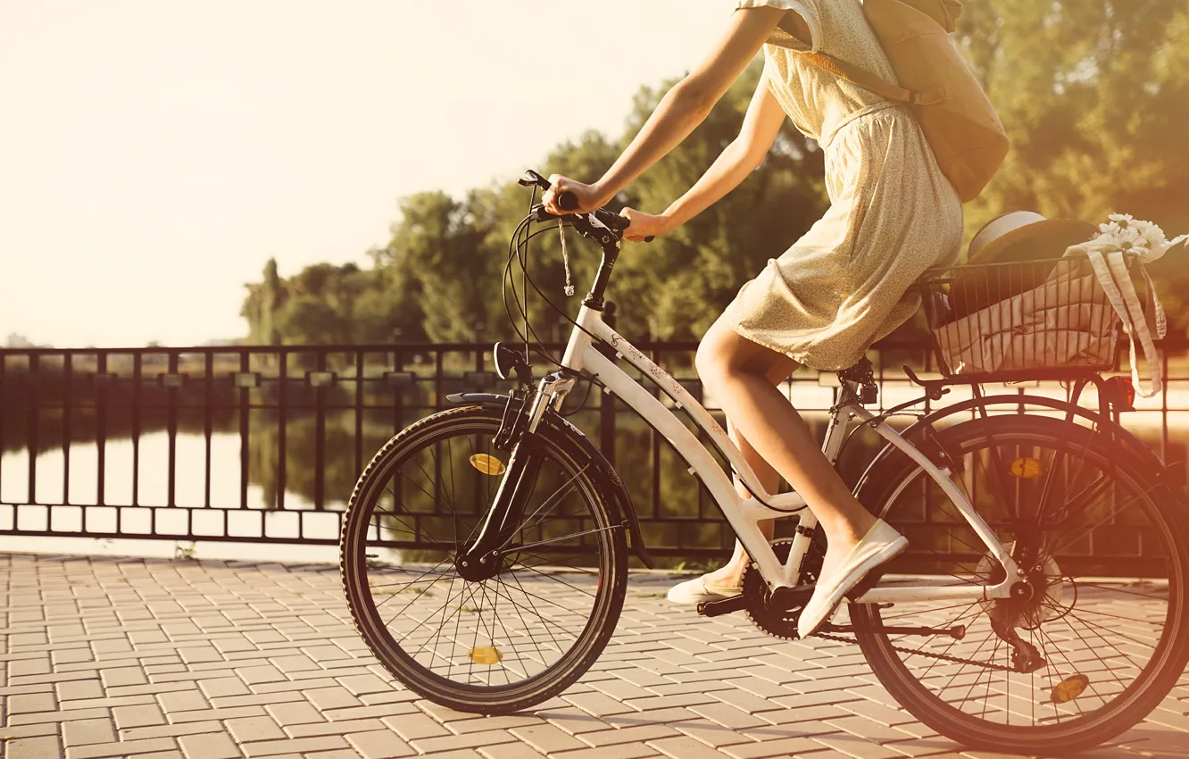 Фото обои лето, девушка, солнце, мост, велосипед