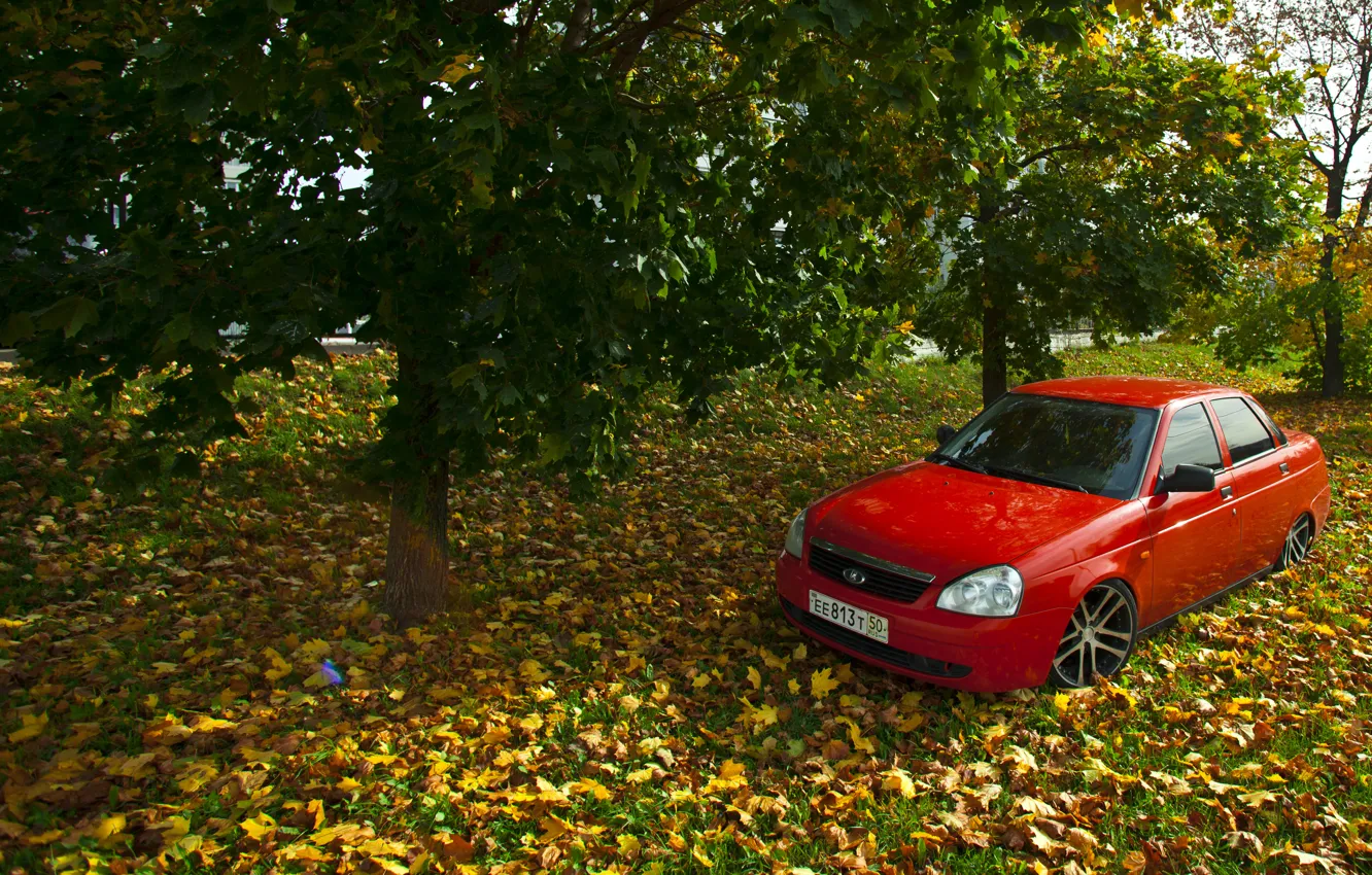 Фото обои машина, авто, осень, листья, auto, LADA, Priora, ВАЗ
