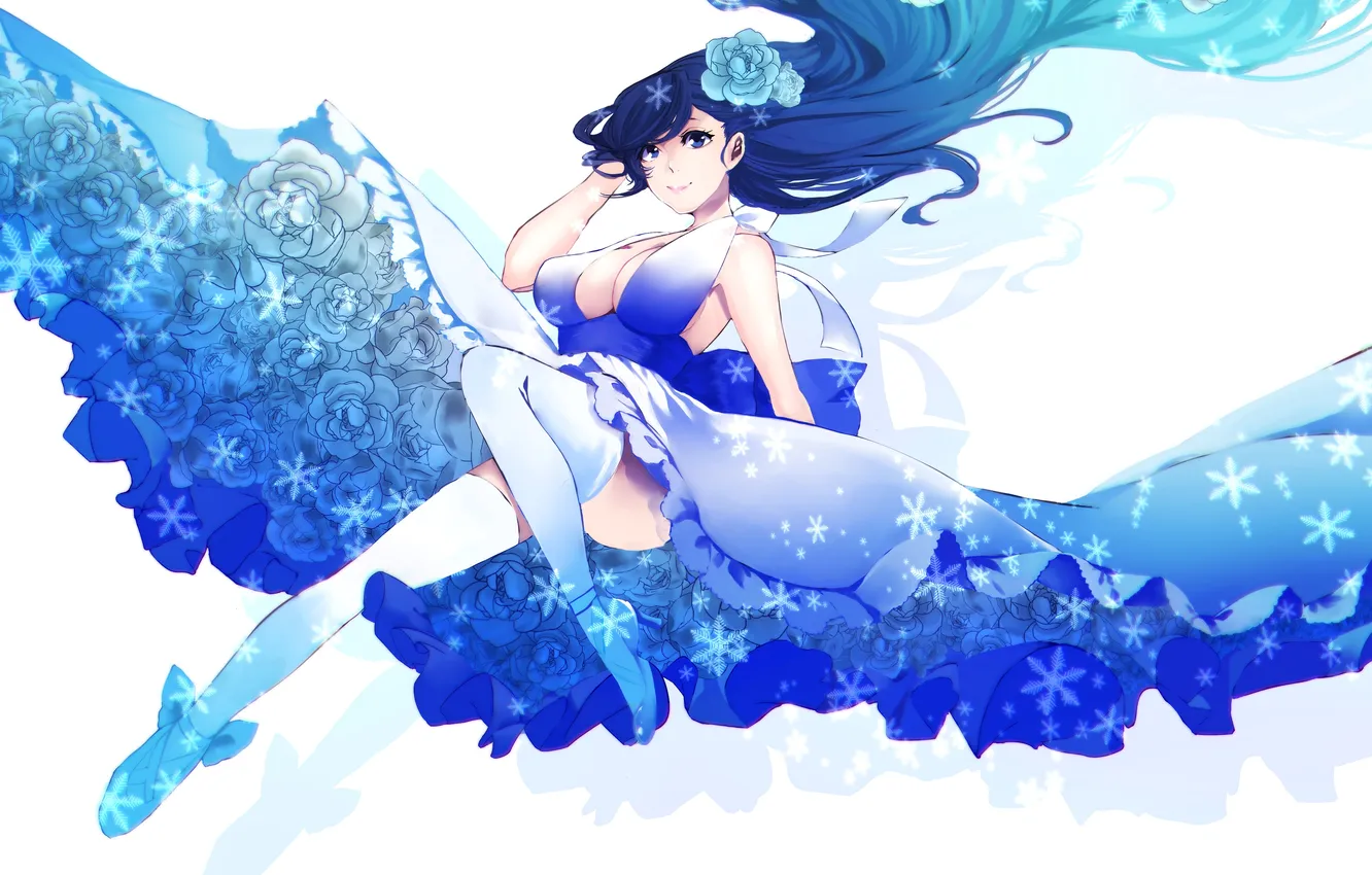 Фото обои цветок, взгляд, девушка, снежинки, голубое, волосы, аниме, платье