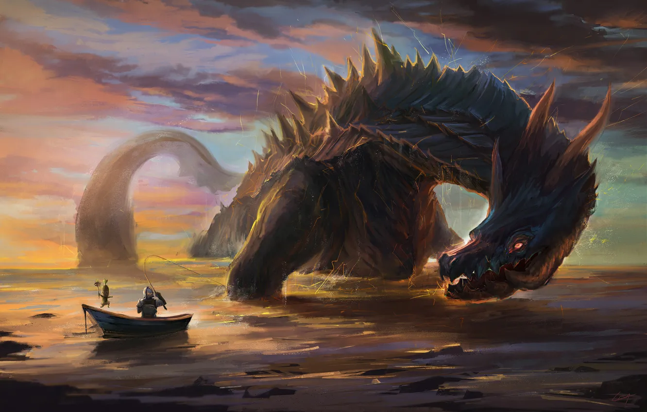 Фото обои море, лодка, дракон, арт, рыцарь, удочка, улов, рыблка