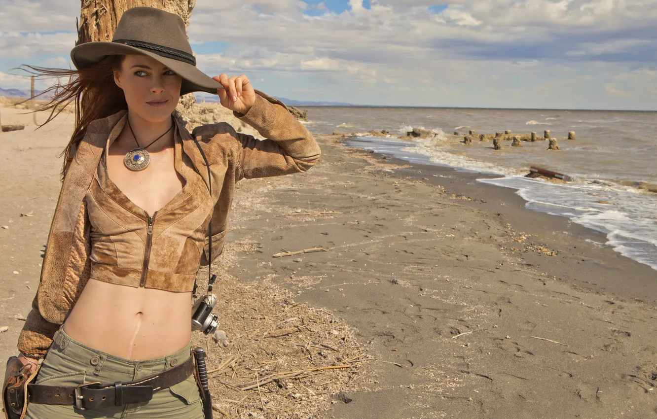 Фото обои море, девушка, шляпа, actress, Johanna Watts