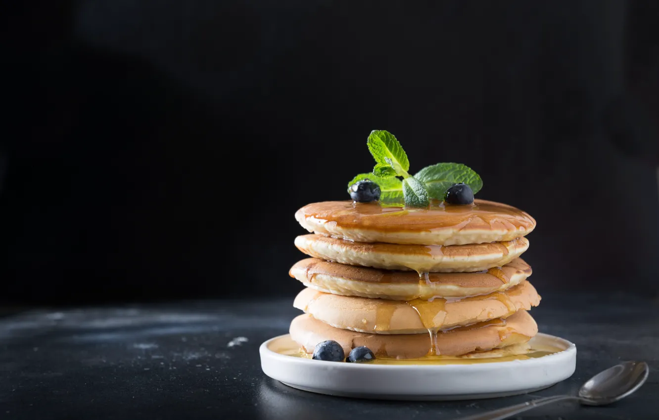 Фото обои ягоды, завтрак, мед, блины