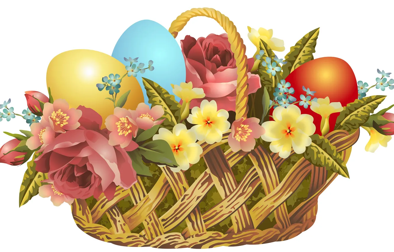 Фото обои цветы, корзина, яйца, Пасха