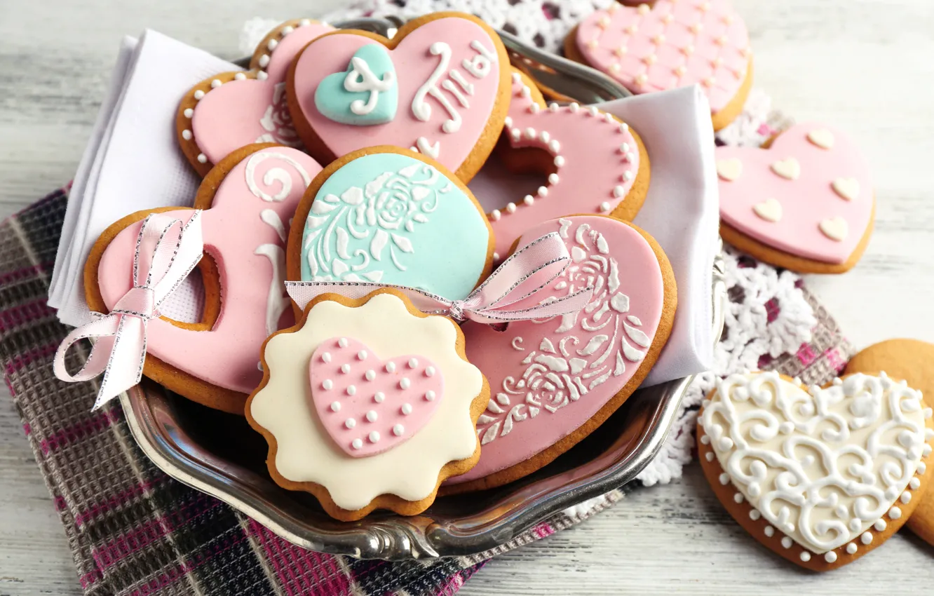 Фото обои печенье, лента, сердечки, глазурь, cookies, День всех влюбленных, Valentines's Day