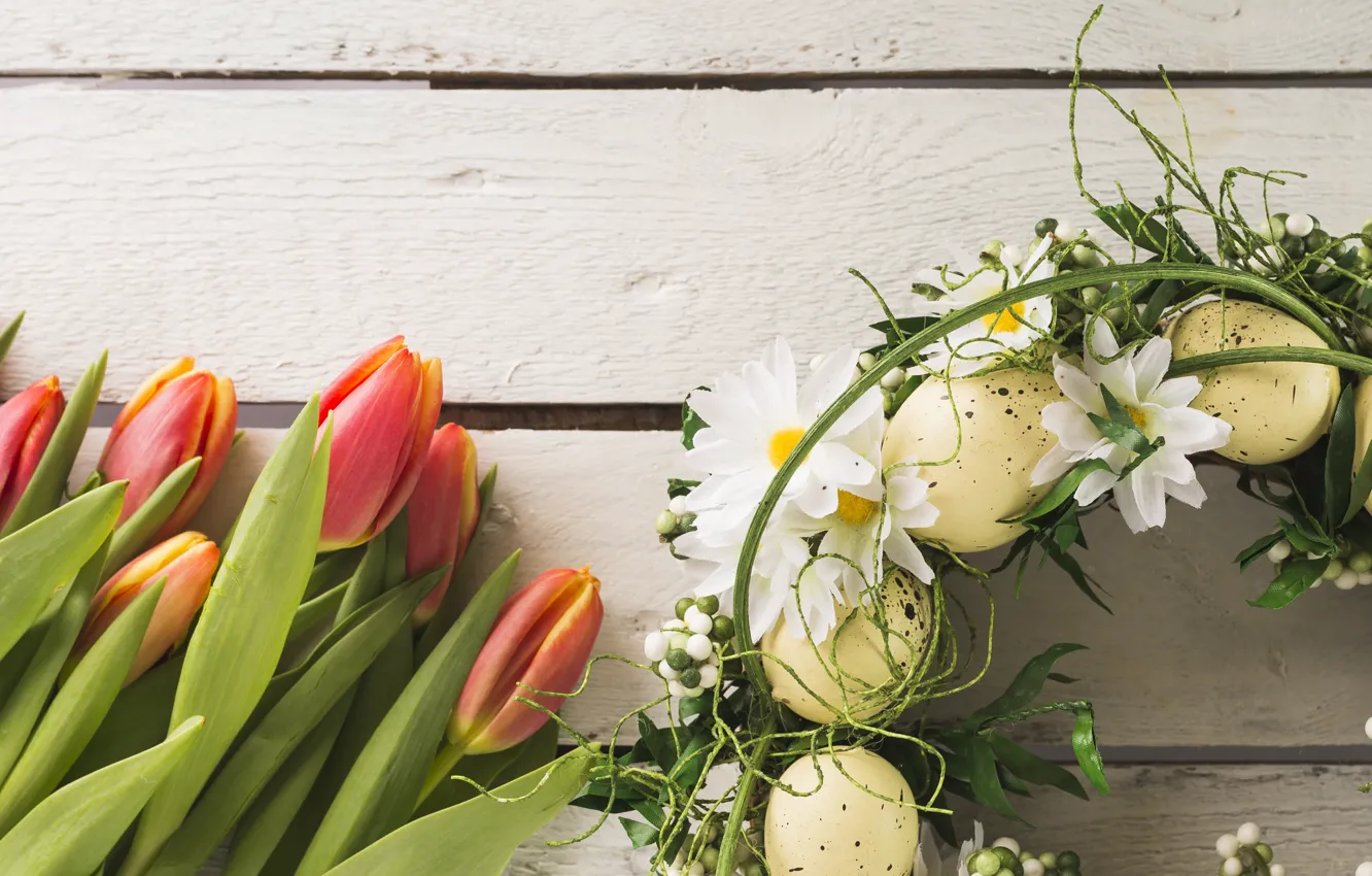 Фото обои яйца, пасха, тюльпаны, Праздник, венок, хризантемы