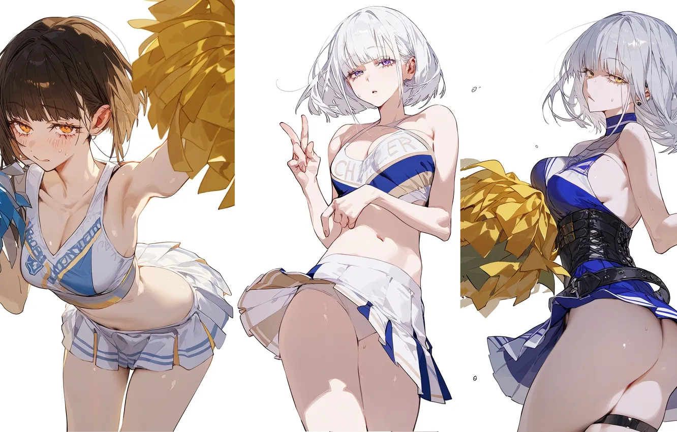 Фото обои anime, cheerleader, white background, schoolgirls, anime art, wide format