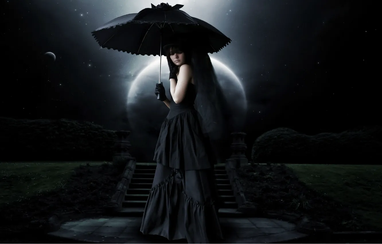 Фото обои ночь, зонт, ведьма, полнолуние, Cosplay, траур, черная магия