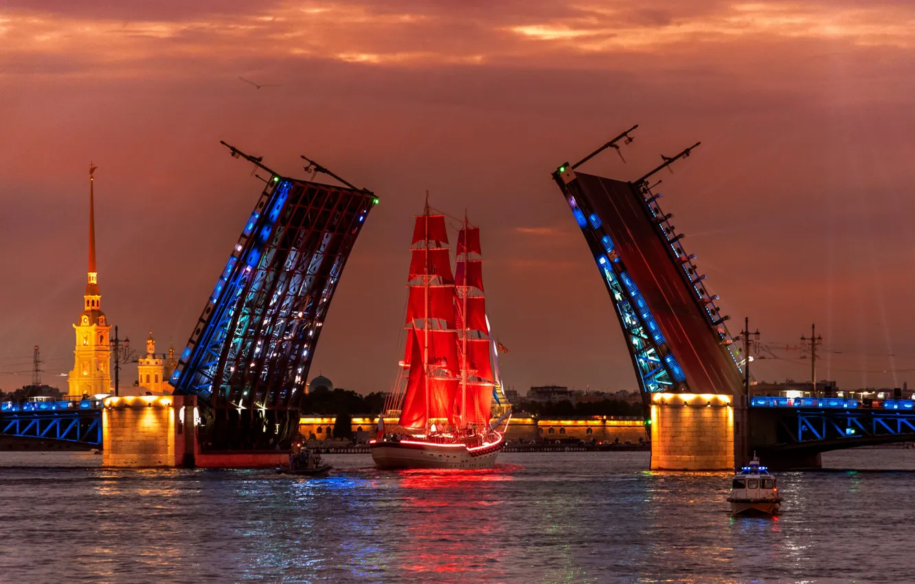 Фото обои ночь, мост, река, корабль, парусник, Питер, Санкт-Петербург, Нева