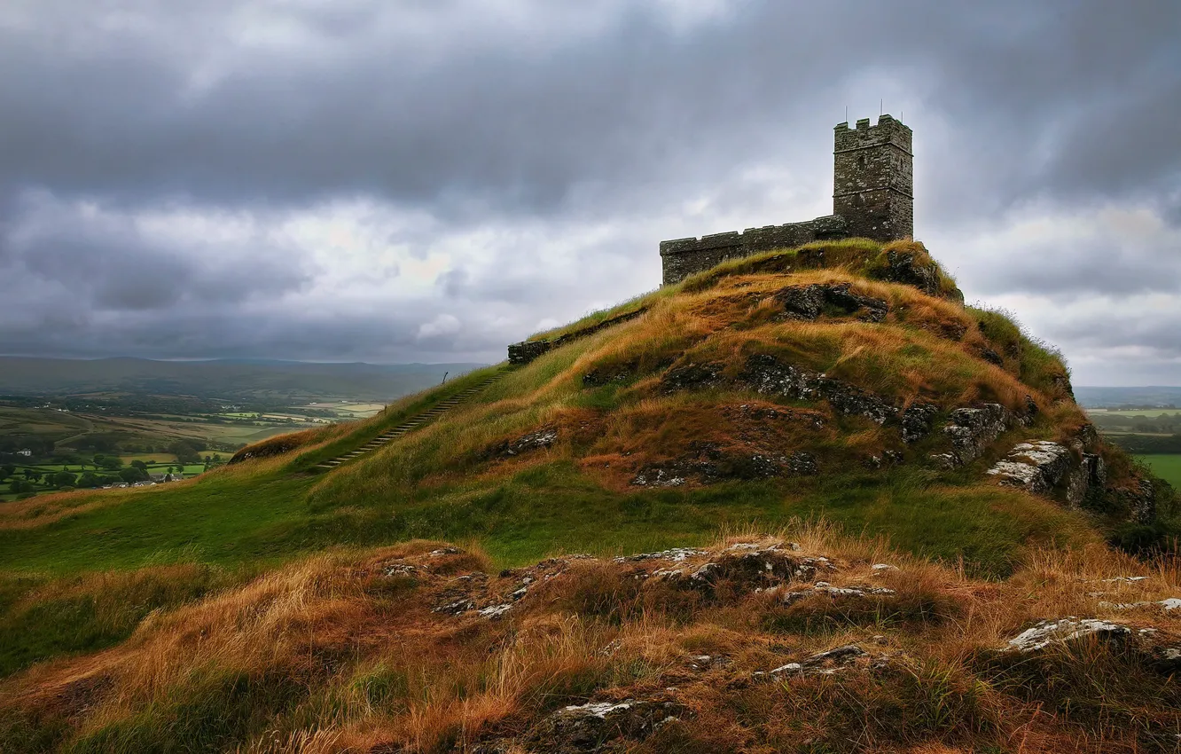 Фото обои осень, трава, облака, горы, камни, замок, пасмурно, холмы