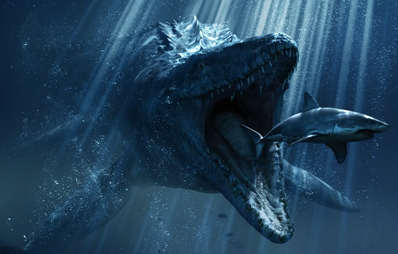 Фото обои акула, зубы, пасть, под водой, лучи света, рептилия, Мир Юрского периода, Jurassic World