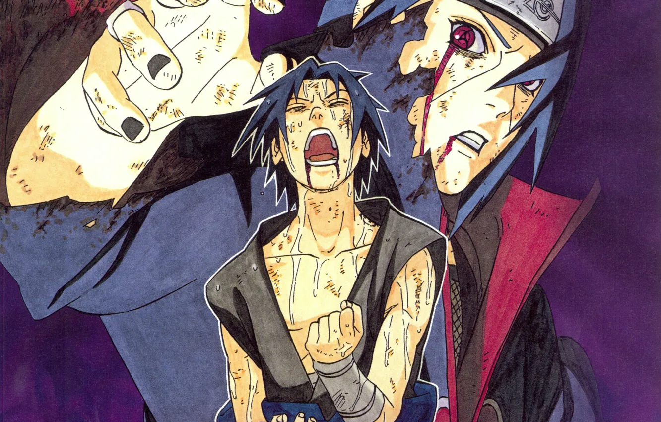 Фото обои ненависть, боль, братья, Sasuke, Naruto, красные глаза, крик, поединок