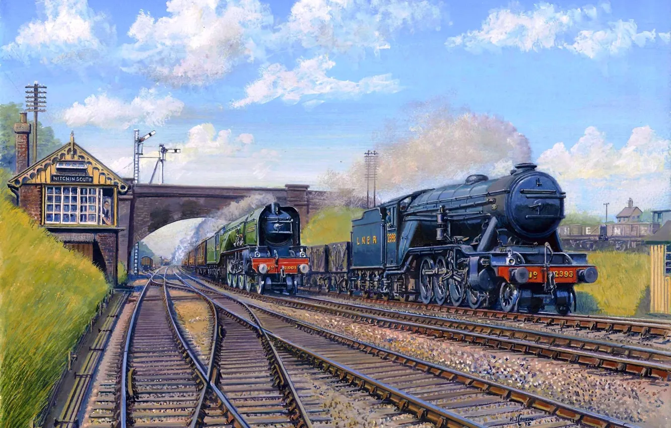 Фото обои train, rail, oil painting, steam train