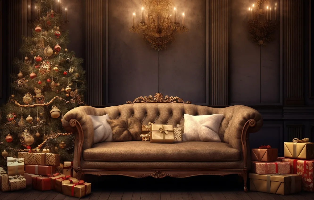 Фото обои украшения, диван, шары, елка, Новый Год, Рождество, подарки, new year
