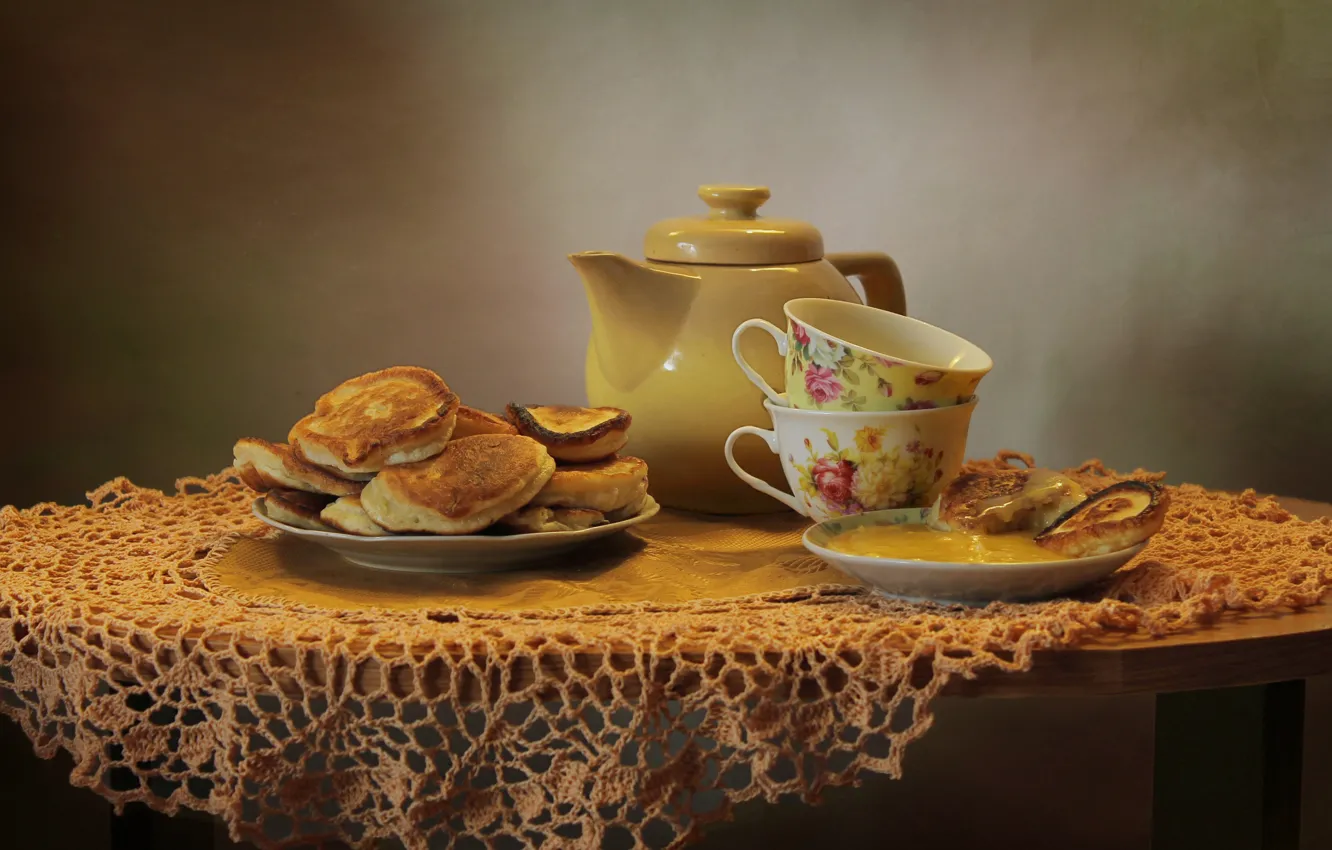 Фото обои зима, чай, мед, натюрморт, февраль, вкусно, оладьи