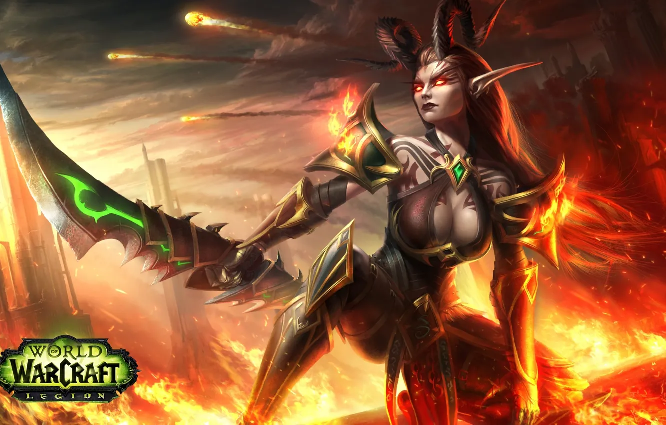 Фото обои грудь, девушка, эльф, меч, арт, World of Warcraft, wow, demon hunter