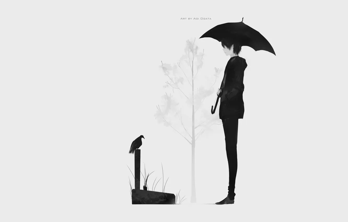 Фото обои зонт, аниме, арт, парень, ворон, Aoi Ogata
