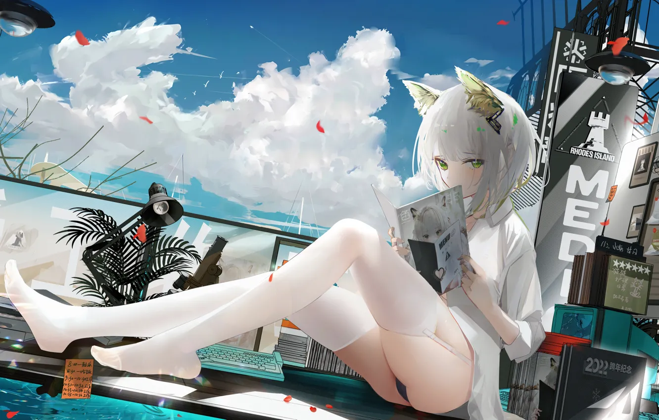 Фото обои крыша, небо, девушка, бассейн, журнал, ушки, Arknights, Kaltsit