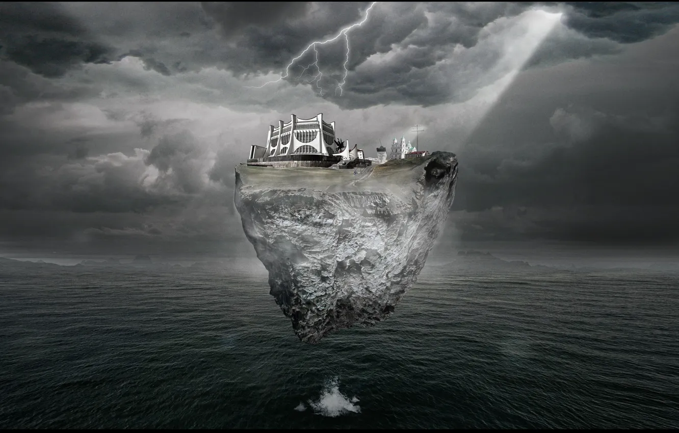 Фото обои море, небо, город, будущее, фантастика, молния, остров, арт