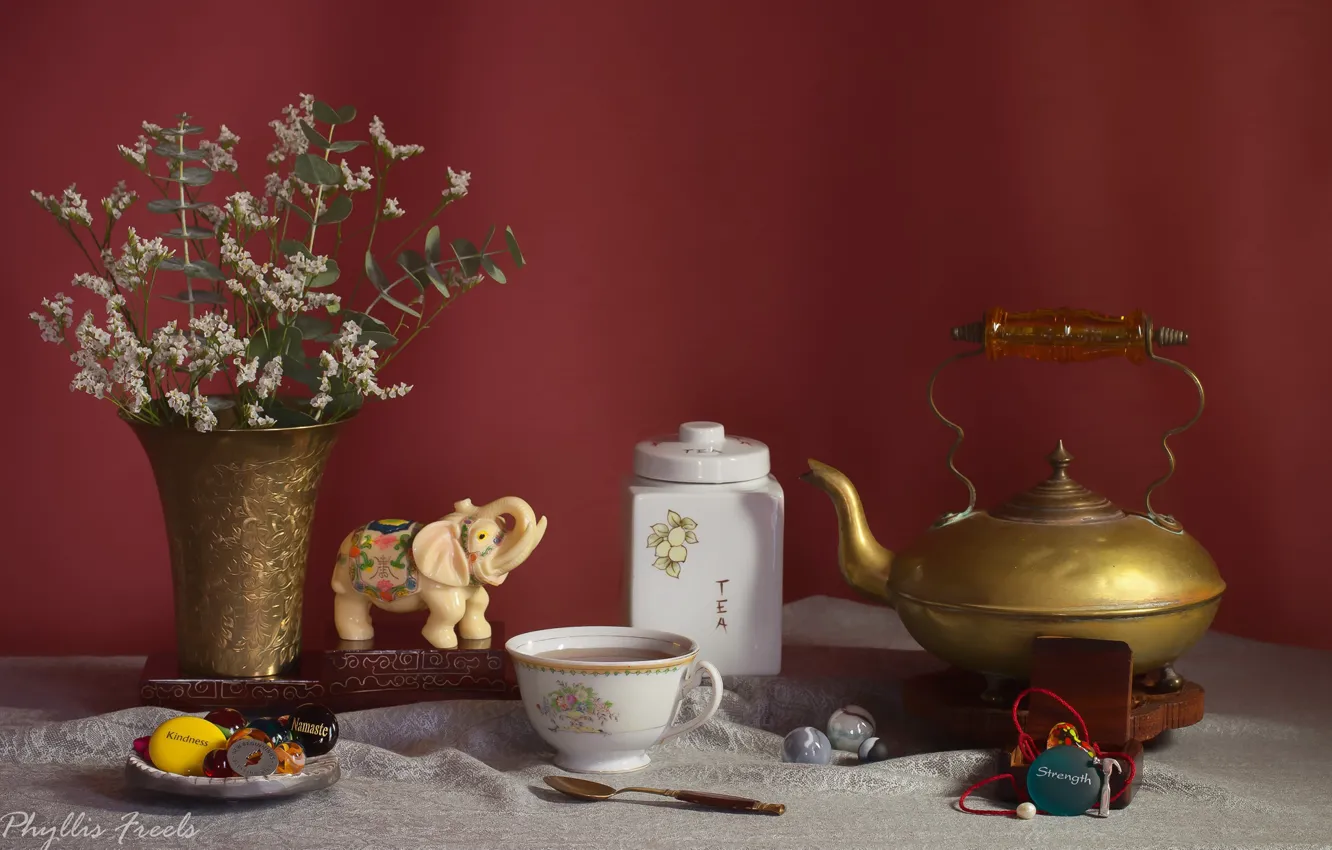 Фото обои цветы, чай, чайник, чашка